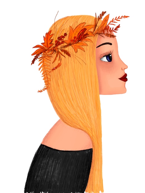 Portrait of a cartoon girl with yellow hair with a wreath on her head