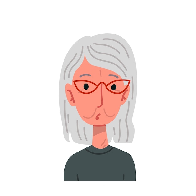 Vector portrait of cartoon gray-haired woman with glasses. vector illustration of female in cartoon childish style. isolated funny clipart on a white background. cute old lady print.