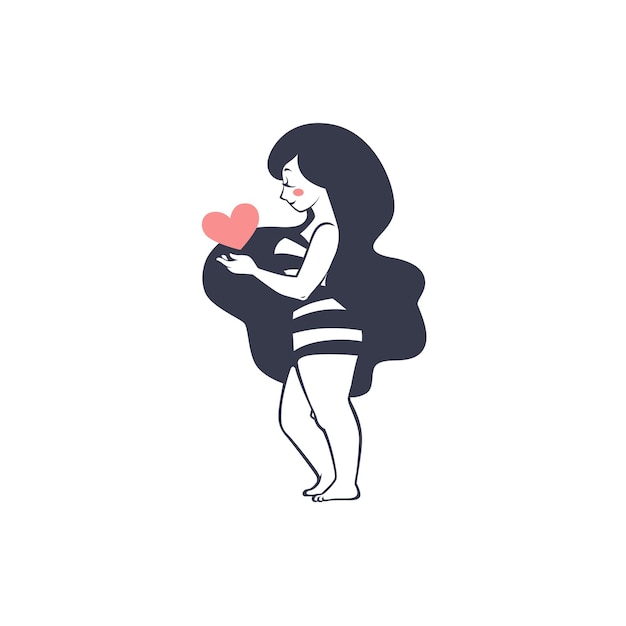 Vector portrait of cartoon romantic girl holding a pink heart