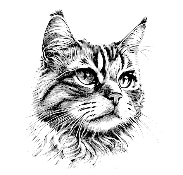 猫の頭の肖像スケッチ手描きスタイル ベクトル イラストを刻まれています。