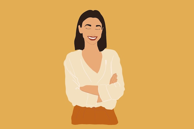 Vector portrait of cheerful woman with arms crossed on yellow background smiling at camera lifestyle concept vector illustration flat style