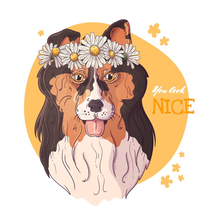 Vector portrait of collie dog with a wreath of daisies.