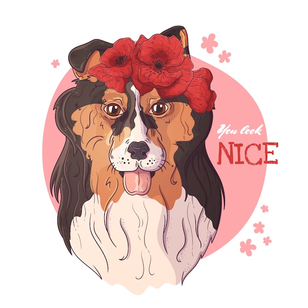 Vector portrait of collie dog with a wreath of poppies.