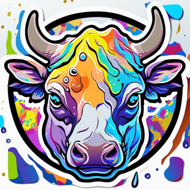 Vector portrait of cow in pop art style flying colors expression hand drawn flat stylish cartoon sticker