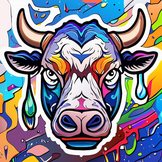 Portrait of cow in pop art style flying colors expression hand drawn flat stylish cartoon sticker