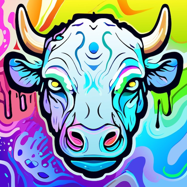 Portrait of cow in pop art style flying colors expression hand drawn flat stylish cartoon sticker