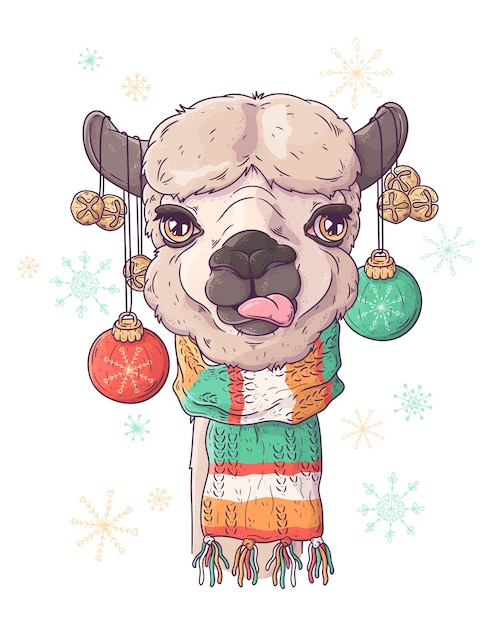 Portrait of cute alpaca in christmas accessories