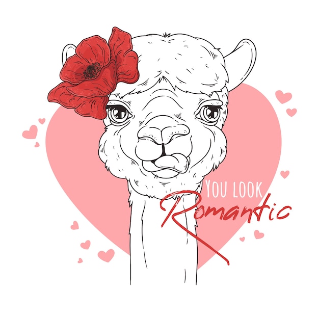 Portrait of cute alpaca with flowers.