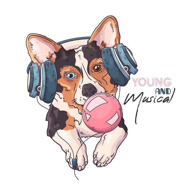 Vector portrait of cute dog in musical headphones