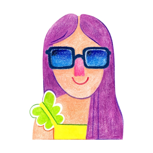 Portrait of a cute funny girl in big blue square sunglasses with long purple hair dressed in a fashionable dress an illustration drawn by hand with colored pencils in the style of doodles