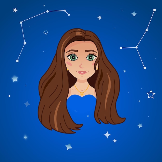 Portrait of a cute girl on a background of stars. A girl with big green eyes. Light skin, long hair