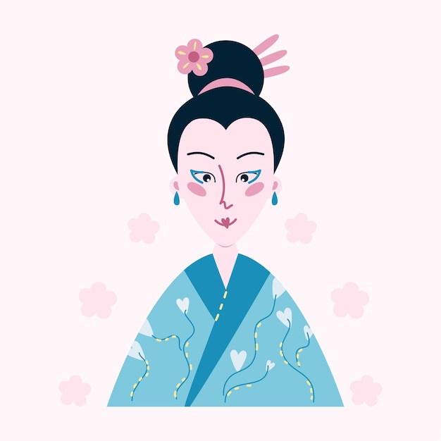 Vector portrait of cute japanese girl in national costume