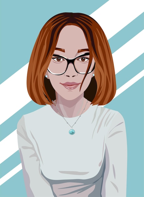 Vector portrait of a cute redhaired girl with a caret in glasses