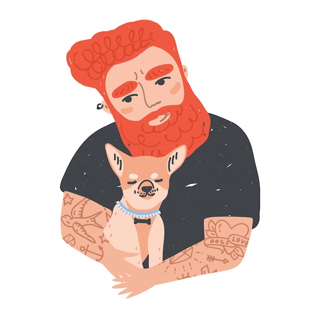 Portrait of cute redhead bearded man with tattoos holding his dog or puppy.