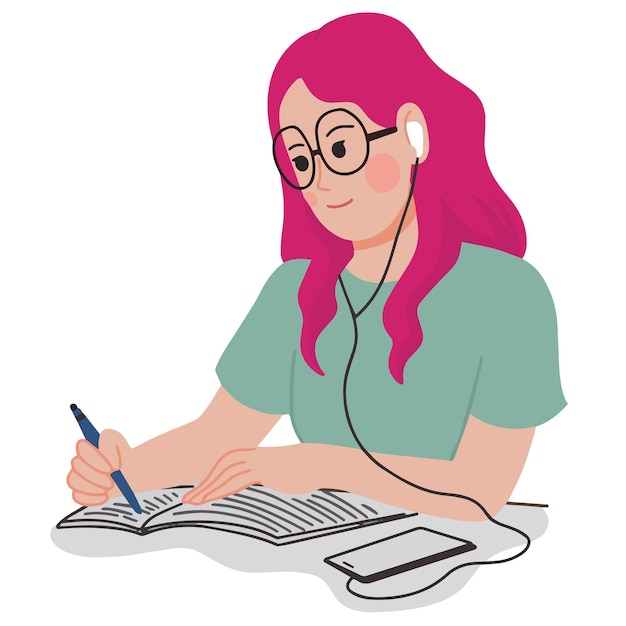 Portrait cute young woman with pink hair studying while listening to music with headset illustration