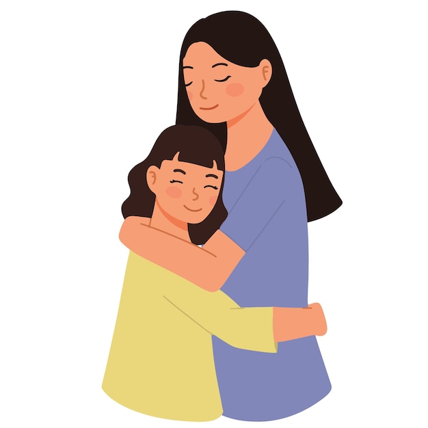 a portrait of a daughter hugs her mother illustration