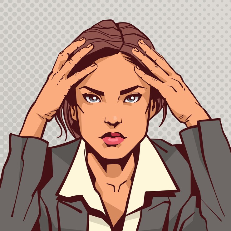 Vector portrait of depressed tired business woman over pop art vintage