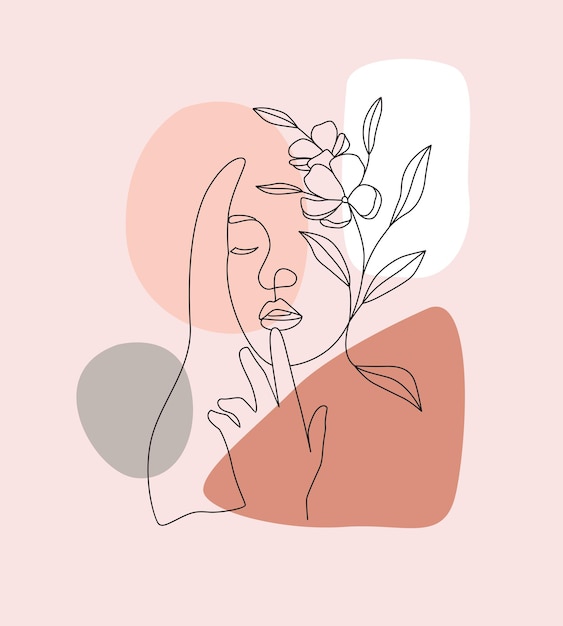 Portrait Design of beautiful woman and feminine flower in line art style