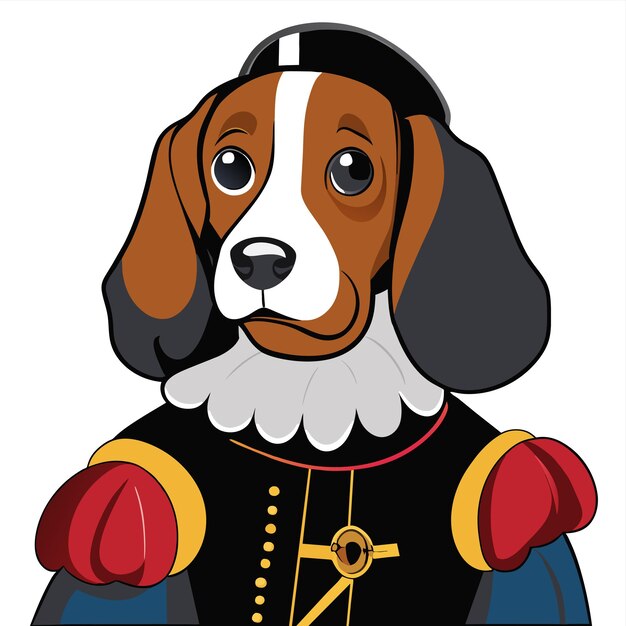歴史的な軍事制服を着た犬の肖像画手描きの平らなスタイリッシュな漫画のステッカー
