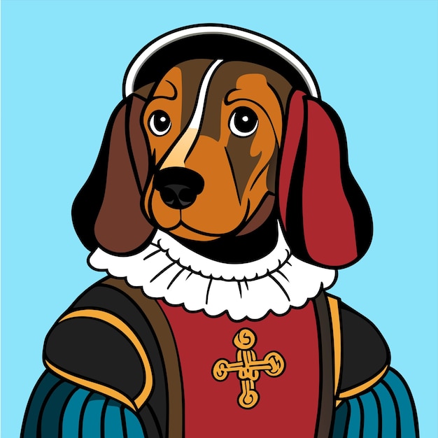 Portrait of a dog wearing a historic military uniform hand drawn flat stylish cartoon sticker