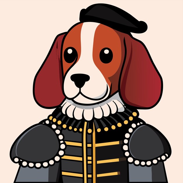 Vector portrait of a dog wearing a historic military uniform hand drawn flat stylish cartoon sticker