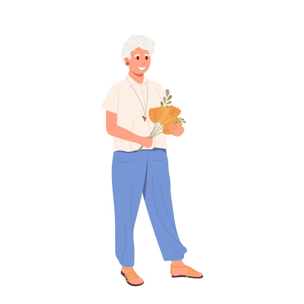 Vector portrait of elderly woman fashionable grandmother fashion model character with flower bouquet