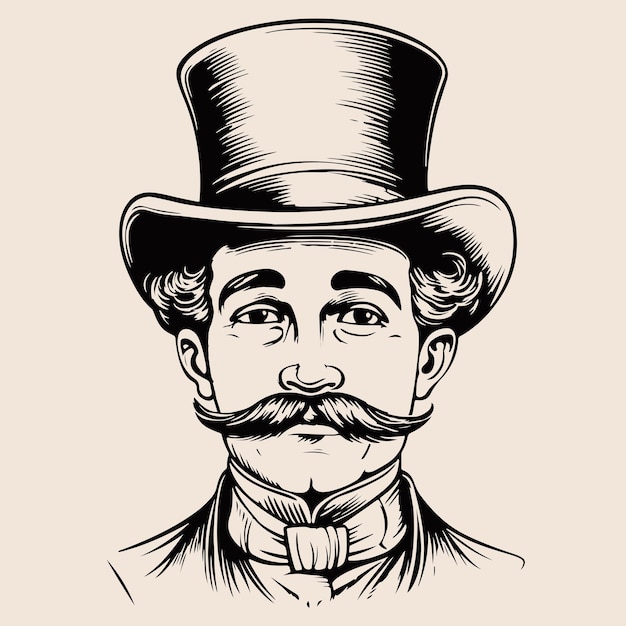 Portrait of an english gentleman with a mustache in a suit and top hat hand drawn sketch vector