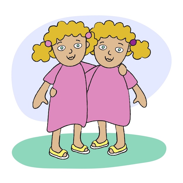 Vector portrait of european twin sisters. two identical girls hugging each other