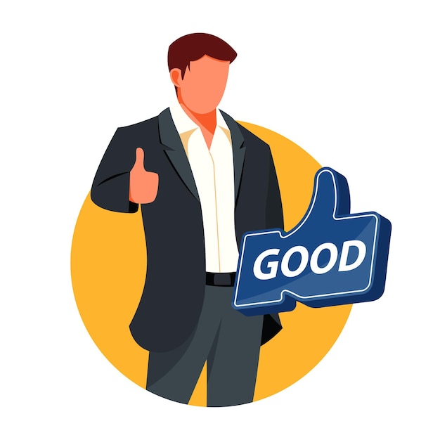 Vector portrait of excited business man dressed in black formal wear showing thumbs up sign