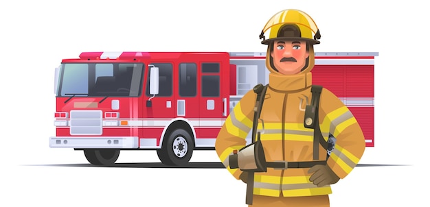 Portrait of a firefighter in protective uniform and helmet fireman on the background of a fire truck