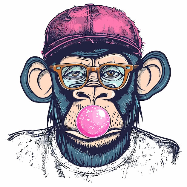 Vector portrait of a fun monkey in a cap glasses and with a pink bubble gum tshirt