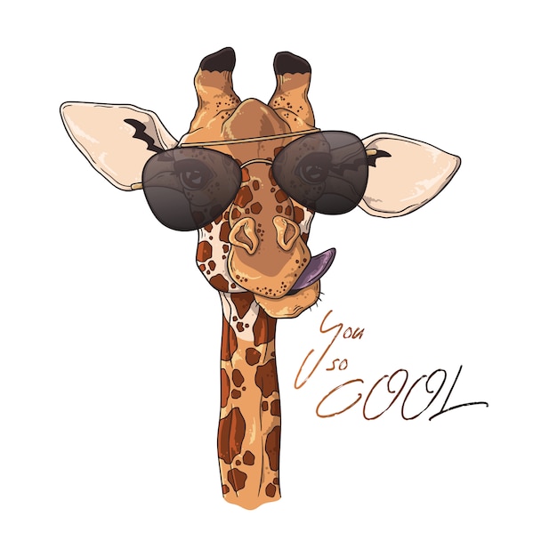 Portrait of funny giraffe in custom glasses.