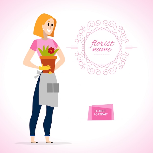 Vector portrait of gardener lady in apron.  style.