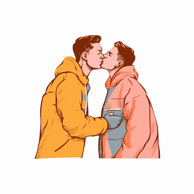 Vector portrait of gay couple being loving and happy two gay boys kissing pride community concept