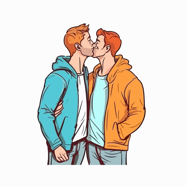 Vector portrait of gay couple being loving and happy two gay boys kissing pride community concept