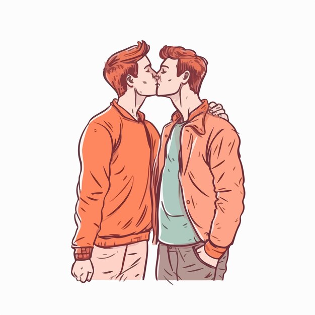 Portrait of gay couple being loving and happy two gay boys kissing pride community concept