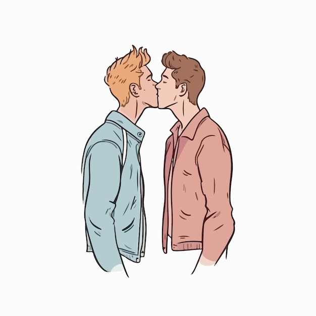 Vector portrait of gay couple being loving and happy two gay boys kissing pride community concept