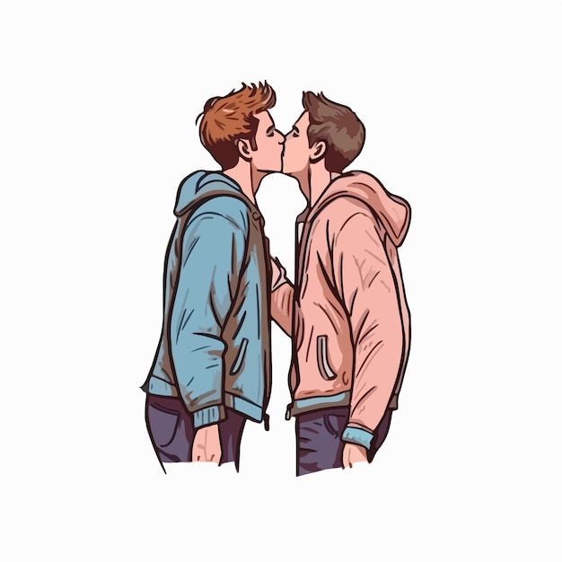 Vector portrait of gay couple being loving and happy two gay boys kissing pride community concept