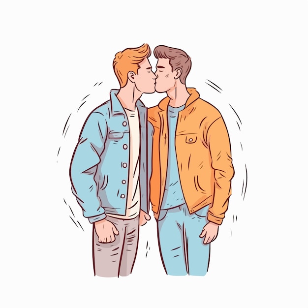 Vector portrait of gay couple being loving and happy two gay boys kissing pride community concept