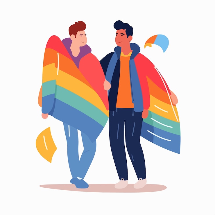 Vector 虹の旗を持つ同性愛者のカップルの肖像画 lgbtq の概念 カップルの男性のイラスト