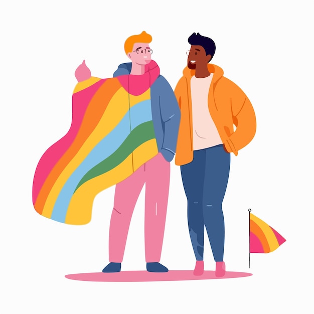 Un ritratto di coppia gay con una bandiera arcobaleno il concetto di lgbtq illustrazione di un paio di uomini