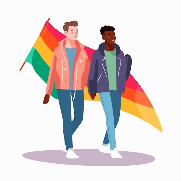 A portrait of gay couple with a rainbow flag The concept of LGBTQ Illustration of a couple of men