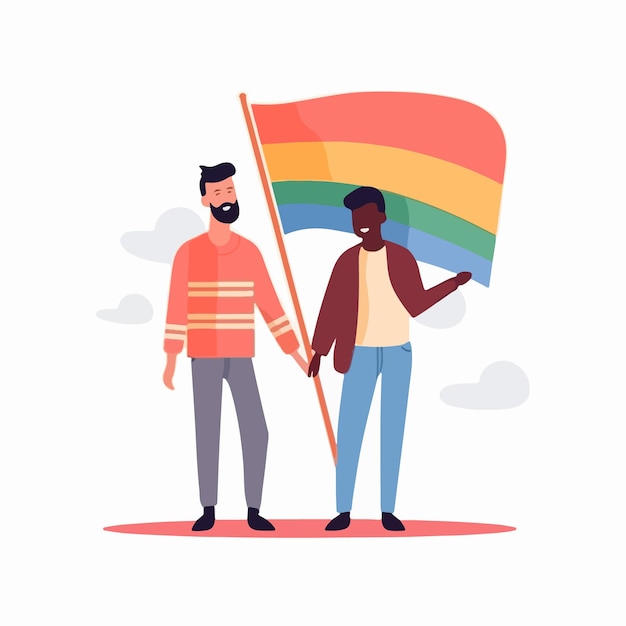 무지개 깃발을 들고 있는 게이 커플의 초상화 LGBTQ의 개념 남성 커플의 그림