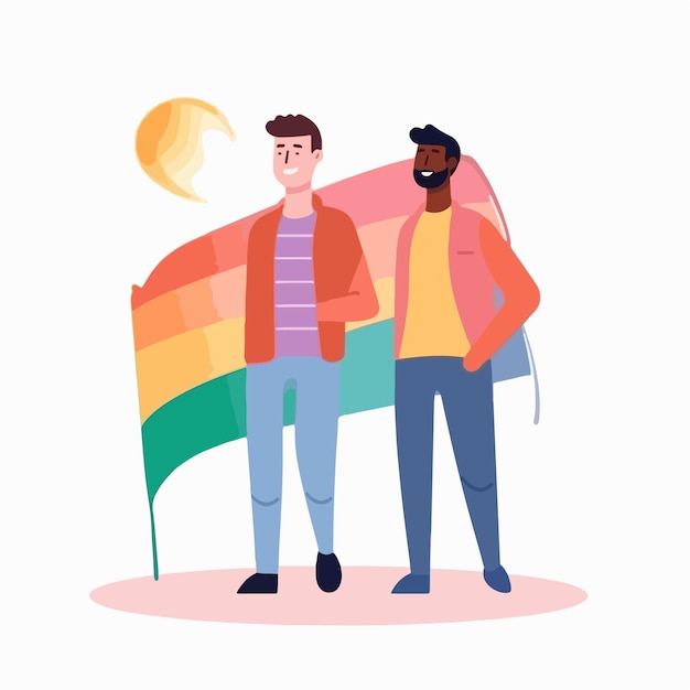 무지개 깃발을 들고 있는 게이 커플의 초상화 LGBTQ의 개념 남성 커플의 그림