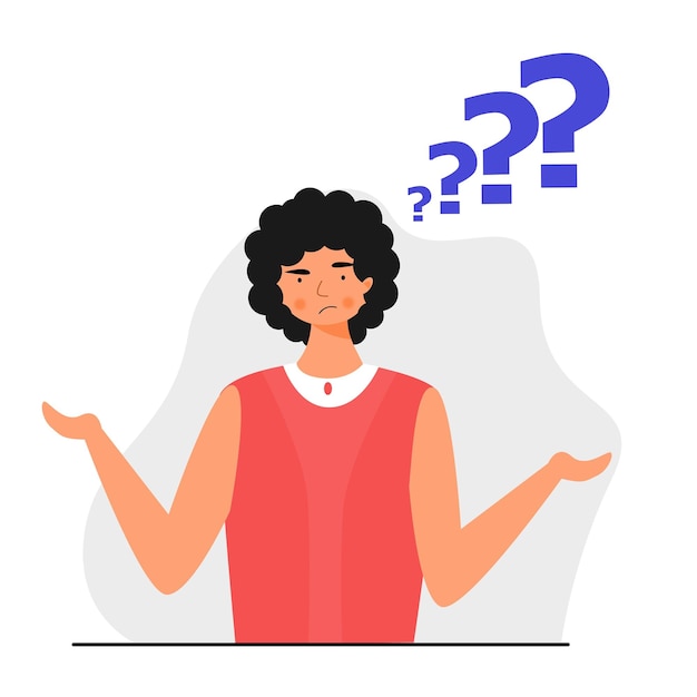 portrait of girl confused expression flat design ilustration. girl upset choose decision.