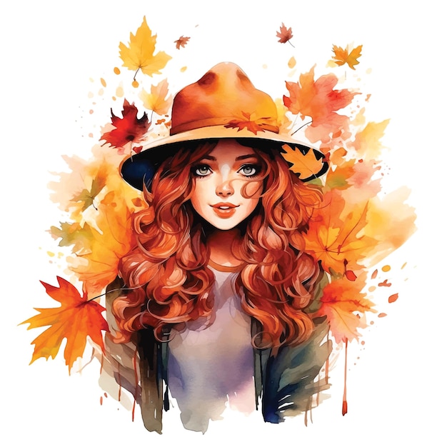 Portrait of a girl surrounded by autumn leaves watercolor paint