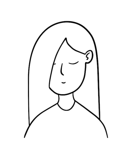 Portrait of a girl with long hair and closed eyes doodle linear cartoon coloring book