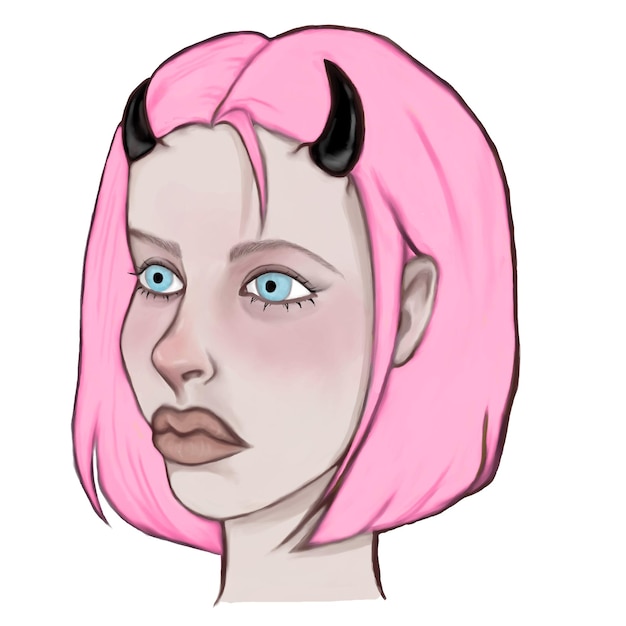 Vector portrait of a girl with short pink hair horns blue eyes