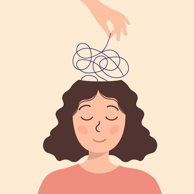 portrait of a girl with a tangled ball of thoughts on a beige background world mental health day