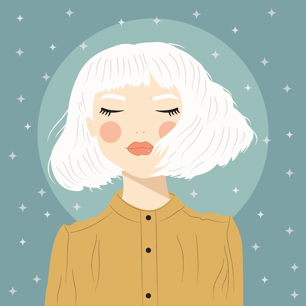 Vector portrait of a girl with white hair and closed eyes